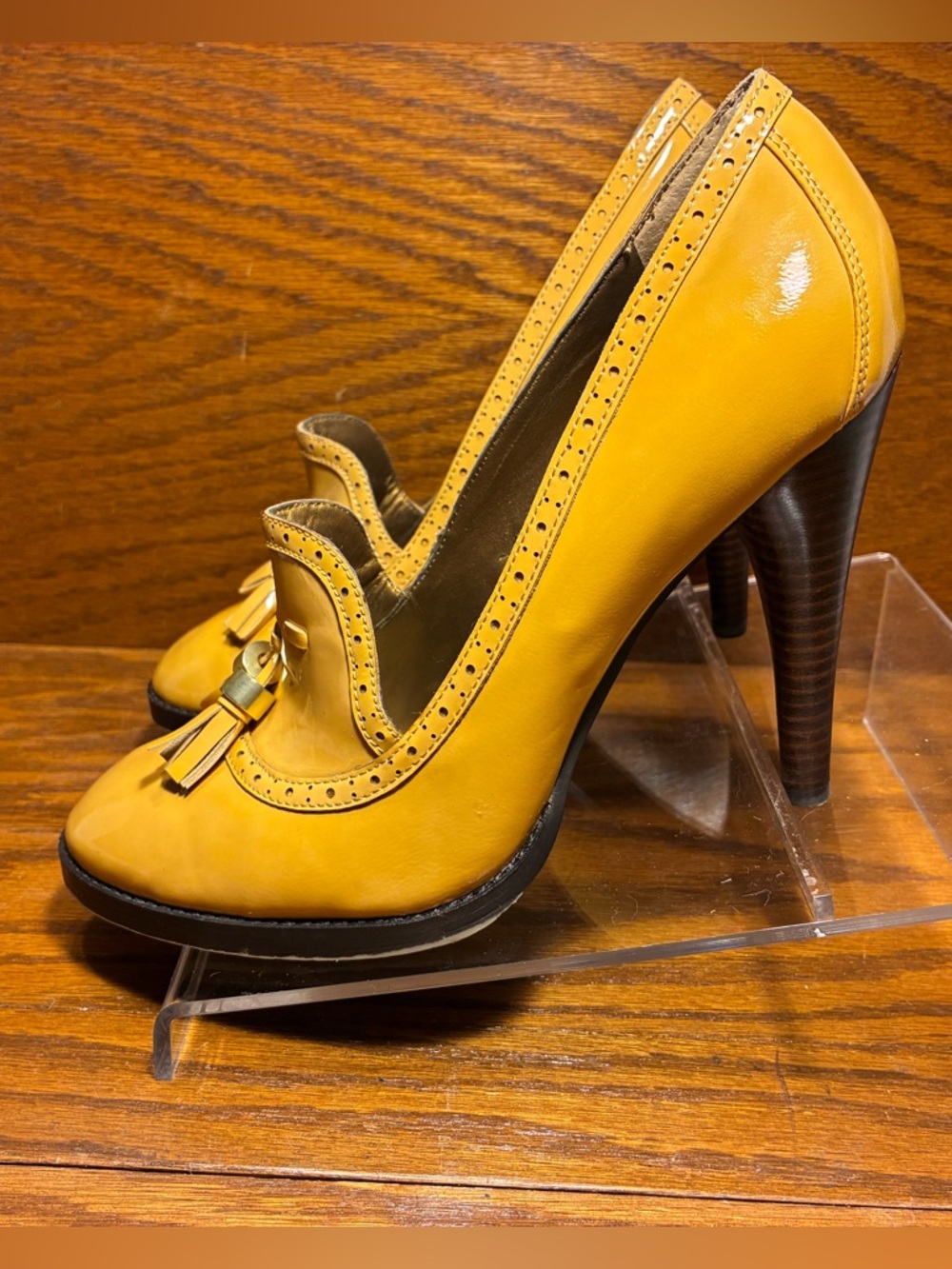 Sam Edelman Tan Patent Leather Tasseled Heeled Loafers Size 9 - Picture 5 of 15